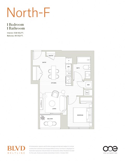 Floor plan for 1 bed, 1 bath, 538 sqft